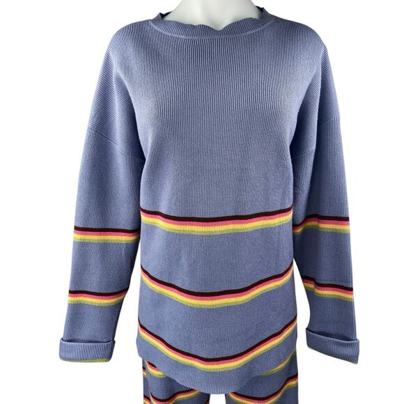 Lillusory Blue Striped Knit Long Sleeve Sweater Pants 2 Pc Lounge Set Size S - Picture 4 of 7